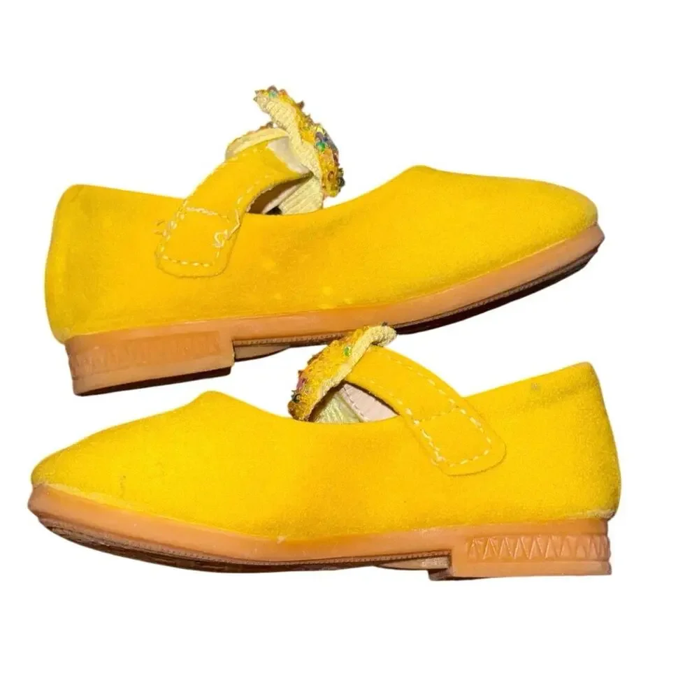 Neon Yellow Toddler Mary Jane Shoes Sequin Bow Girls Size 9C EU 26 Flats